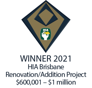 A logo that says 'Winner 2021 HIA Brisbane Renovation/Addition Project $600,001- $1 million.' | Featured image for AQWA Constructions.